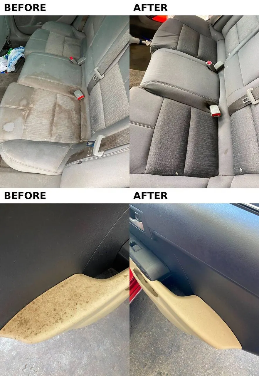 Before and after interior detail — seats and dashboard