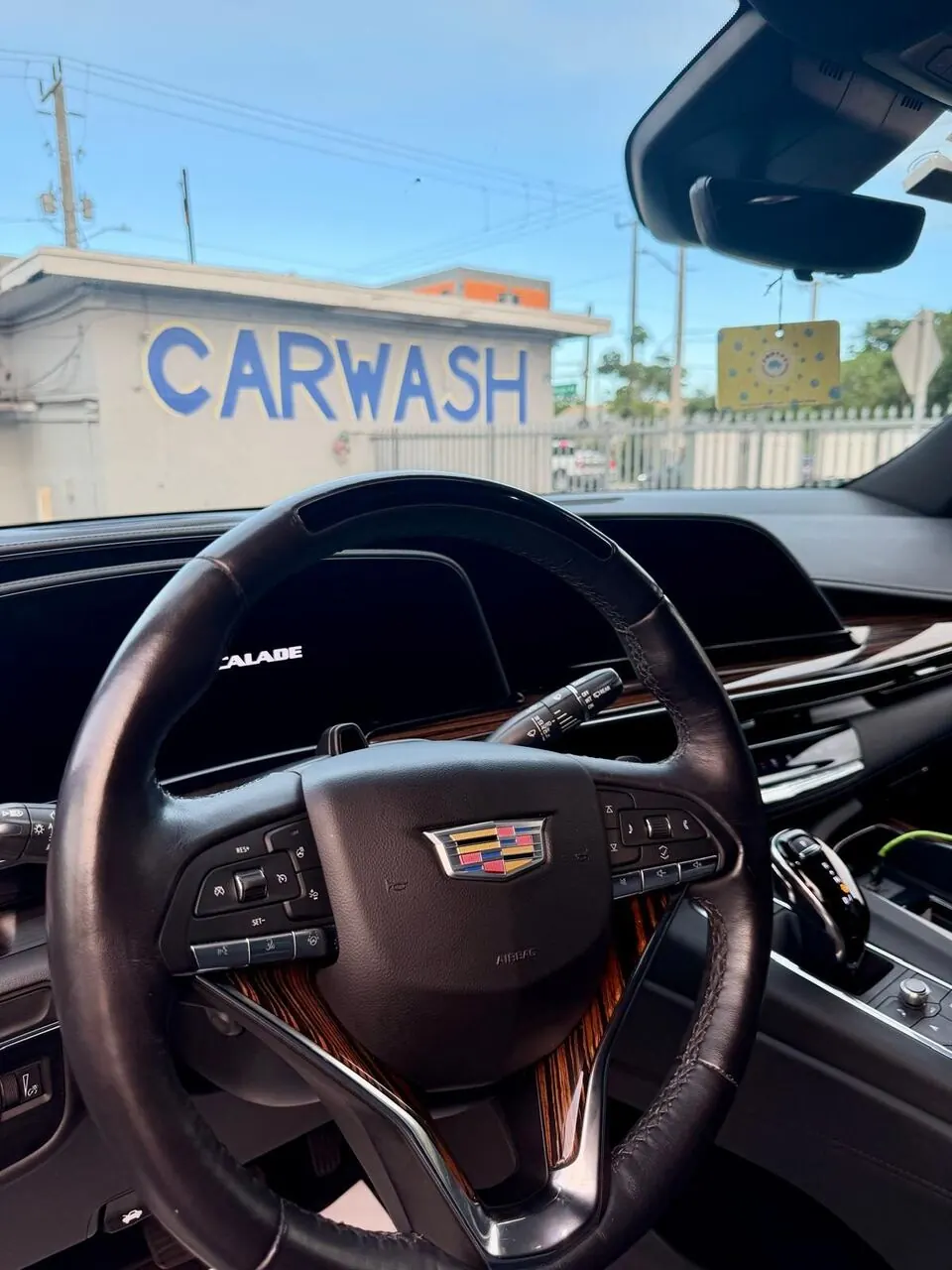 Cadillac interior steering wheel close-up