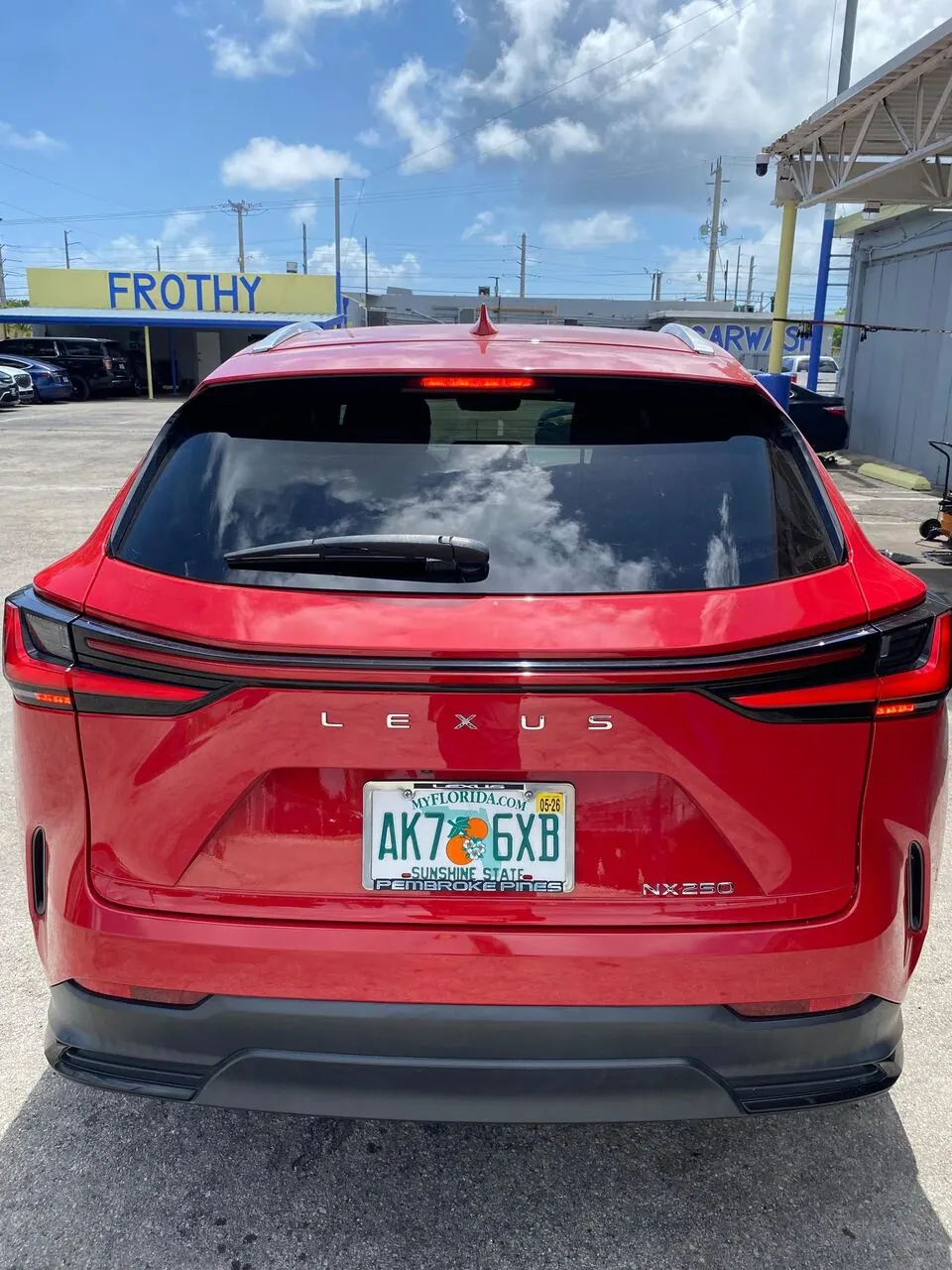 Red Lexus NX rear view after a hand wash