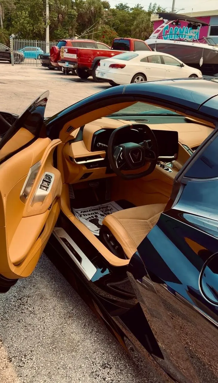 Tan leather interior and dashboard close-up