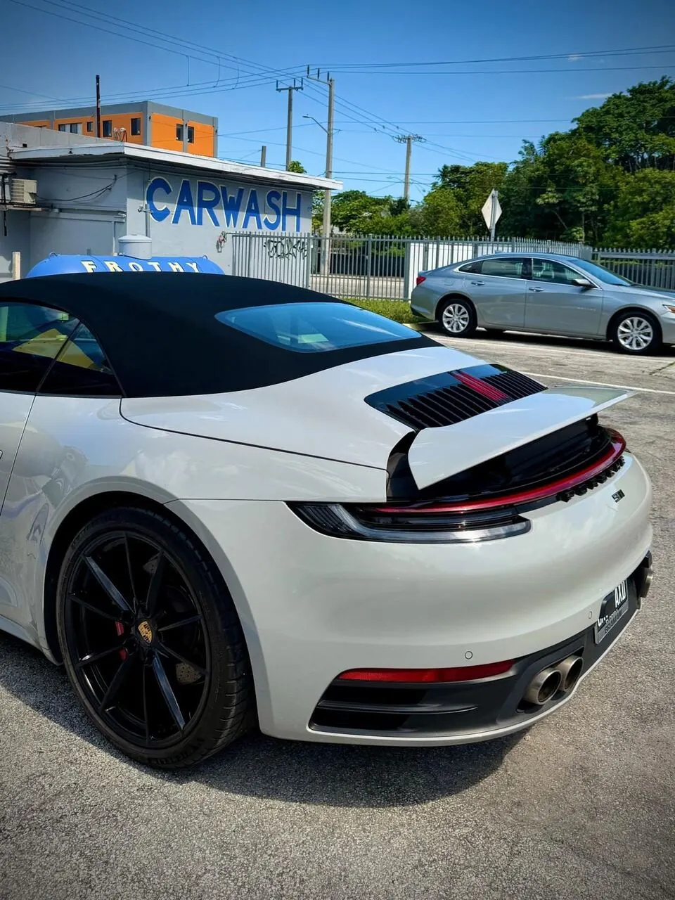 White Porsche 911 rear three-quarter view